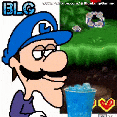 a cartoon of a man wearing a blue hat and mustache holding a blue cup