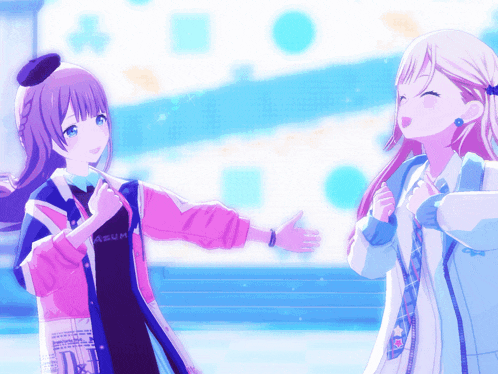 two anime girls are standing next to each other and one of them is wearing a jacket that says ' arum ' on it