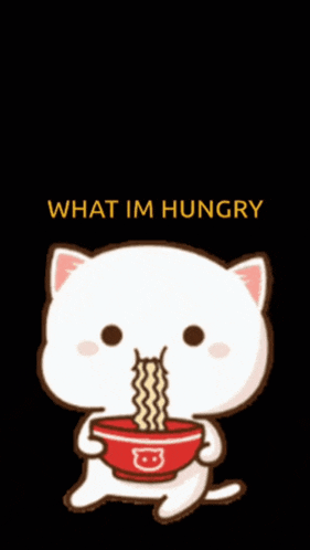 a cartoon cat is holding a bowl of noodles and the words guitar what im hungry