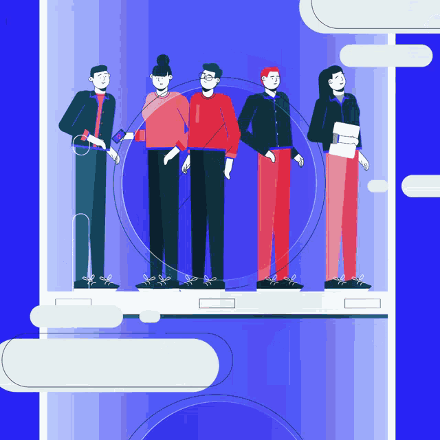 an illustration of a group of people standing on a cell phone