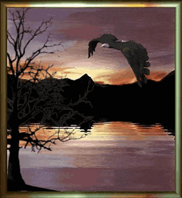 a picture of an eagle flying over a lake