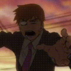 a man in a suit and tie is screaming with his arms outstretched in front of a sunset .