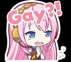 a girl with pink hair and blue eyes is wearing headphones and a sticker that says `` gay '' .