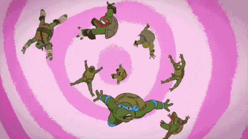 a group of teenage mutant ninja turtles are flying through the air