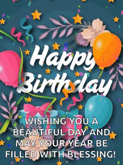 a happy birthday card with balloons and flowers on a blue background