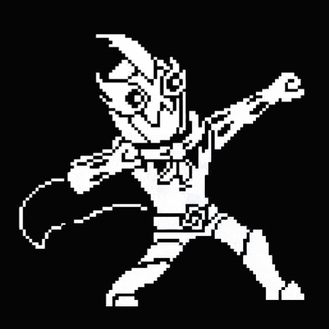 a black and white pixel art of a superhero with a sword .