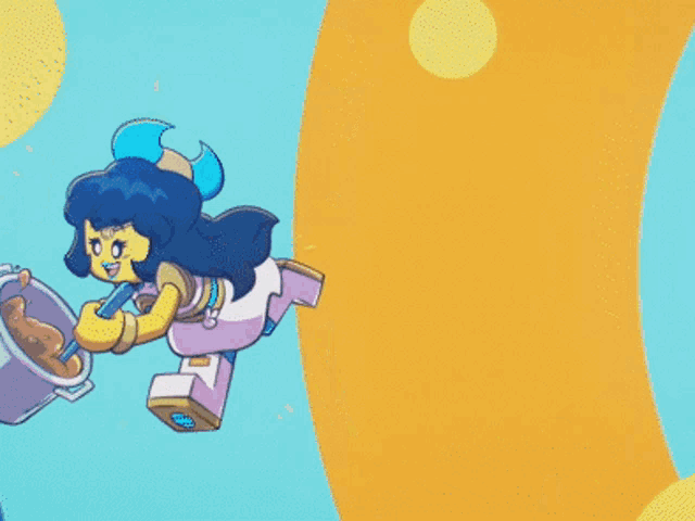 a cartoon drawing of a girl with horns holding a whisk
