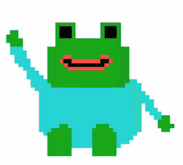 a pixel art of a green frog with a blue shirt