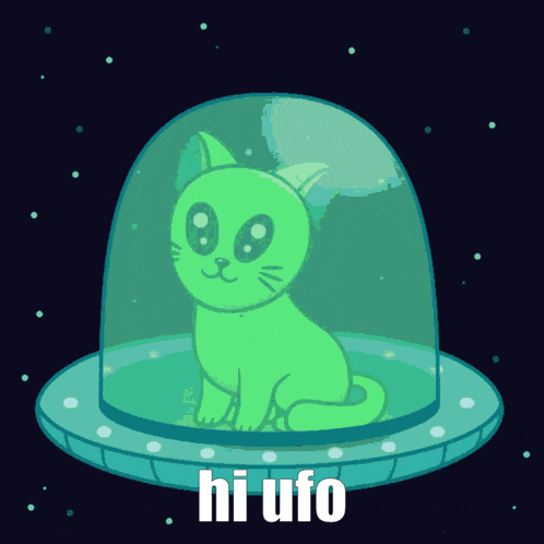a green cat in a glass dome with the words hi ufo written below it
