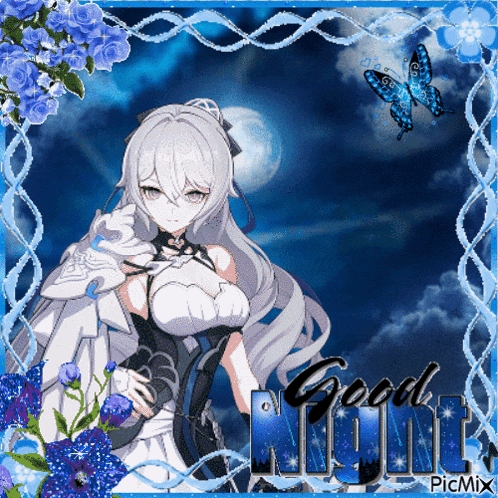 a picture of a girl with a blue butterfly and the words good night