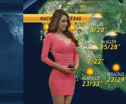 a woman in a pink dress is on a weather channel