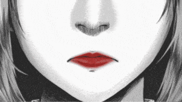 a black and white drawing of a woman 's mouth with red lips