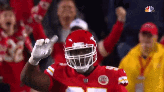 a football player wearing a helmet and gloves is standing in front of a crowd of people .