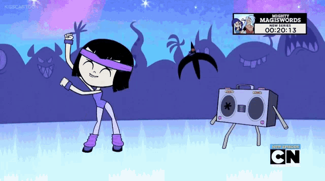 a cartoon of a girl dancing next to a boombox with cn on the bottom