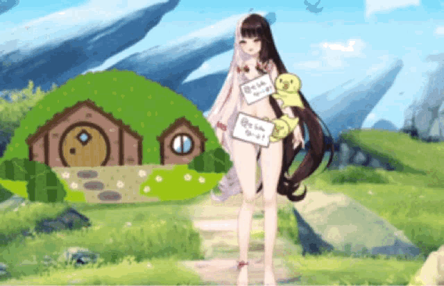 a naked girl is holding a stuffed animal and a sign that says ' i love you '