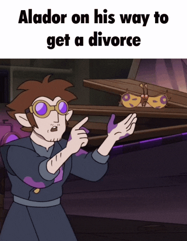 a cartoon of alador on his way to get a divorce with a moth in the background