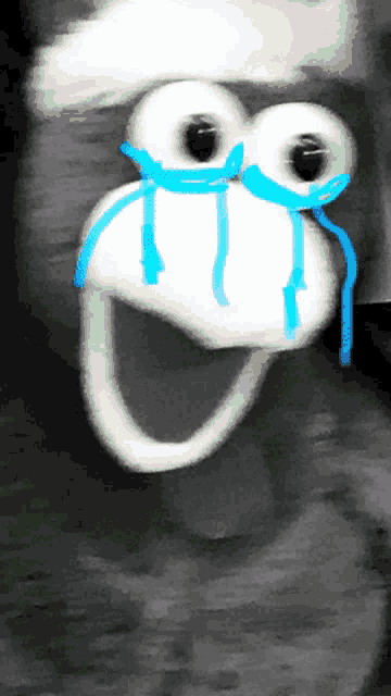 a black and white image of a cartoon character with blue tears coming out of his eyes