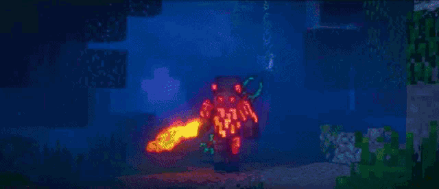 a glow in the dark minecraft character is holding a glowing sword in a dark forest .