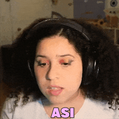 a woman wearing headphones says " asi " in pink letters