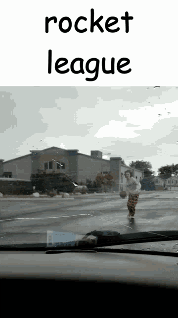 a picture of a person running down a street with the words rocket league below them