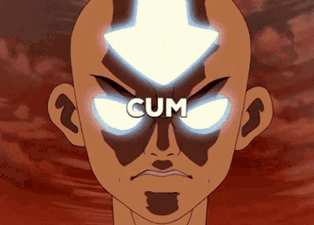 a cartoon character with glowing eyes and the word cum on his face