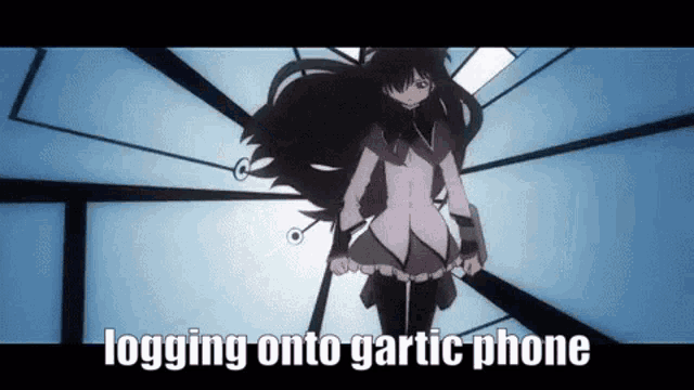 a girl is standing in a dark room with the words logging onto gartic phone below her