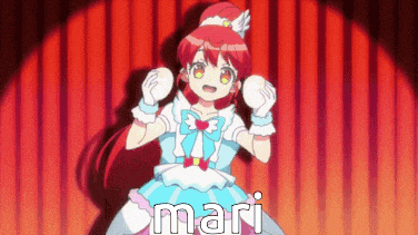 a girl with red hair is wearing a blue dress and the word mari is on the bottom right