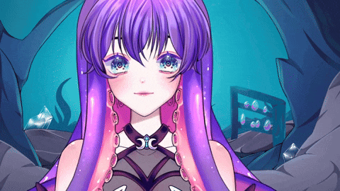 a girl with purple hair and pink tentacles has a necklace with the letter c