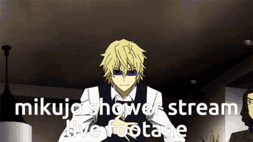 a picture of a man with the words " mikujo shower stream live footage " on it