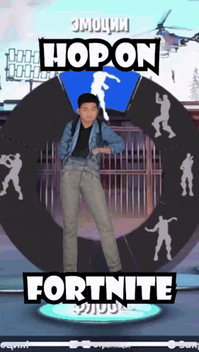 a boy in a denim jacket is standing in front of a fortnite logo