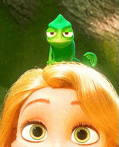 a close up of a cartoon character with a chameleon on her head