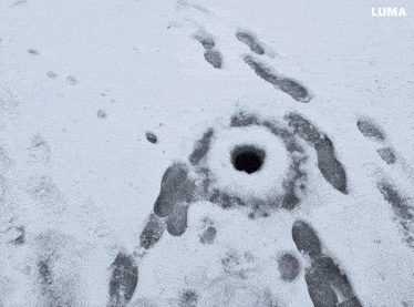 a hole in the snow with the word luna in the corner