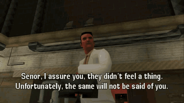a screenshot of a video game with a man in a lab coat talking