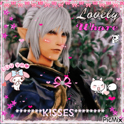 a picture of a man with white hair and the words " lovely whore kisses "