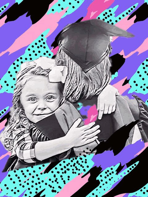 a woman in a graduation cap hugging a little girl