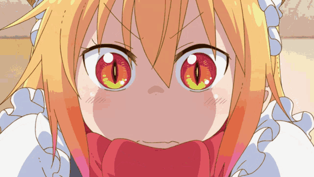 a close up of a girl with red eyes