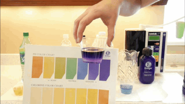 a person is holding a cup of purple liquid in front of a chart that says ph color chart