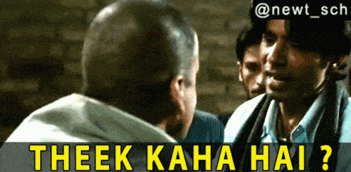 a man talking to another man with the words " theek kaha hai " written below him