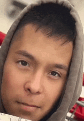 a young man wearing a hoodie is looking at the camera with a serious look on his face .