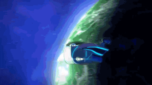a person in a blue suit is flying through the air near the earth