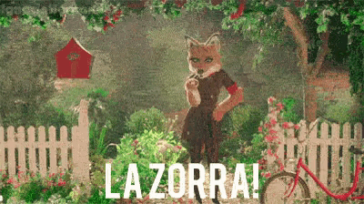 a cartoon fox is standing in a garden with the words la zorra written on the bottom .