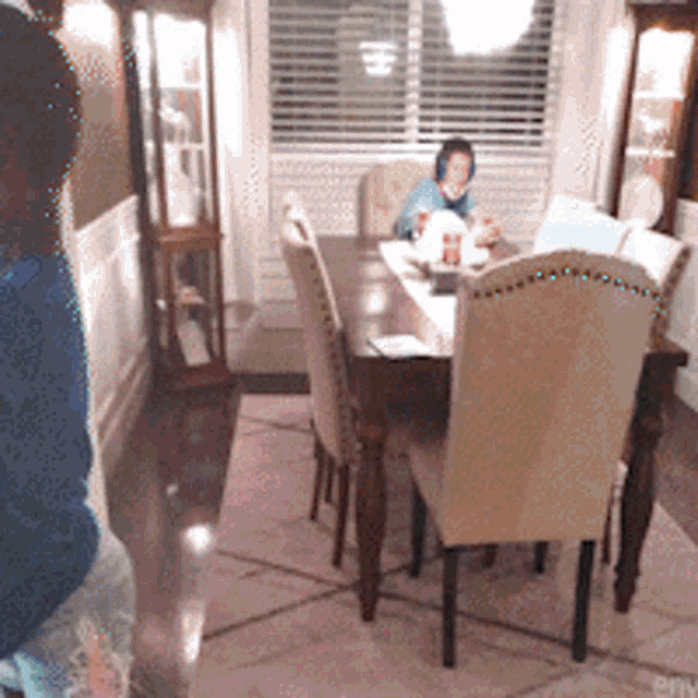a dining room with a table and chairs and a person in a blue shirt