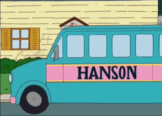a blue van with hanson written on the side is parked in front of a house