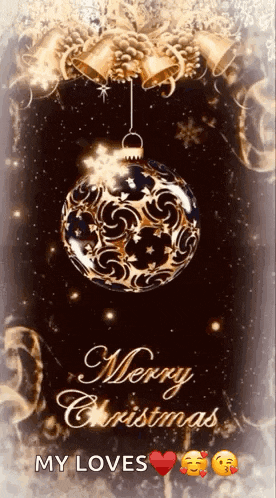 a merry christmas card with a christmas ball hanging from a bell .