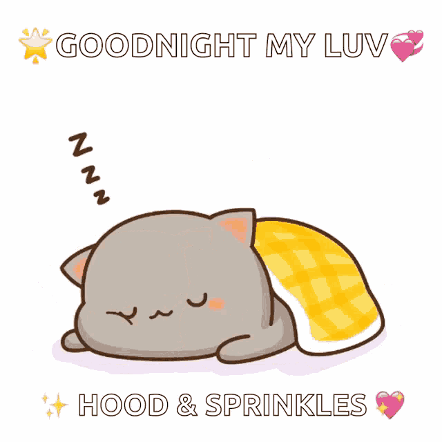 a cartoon of two cats laying under a blanket with the words goodnight my luv hood & sprinkles