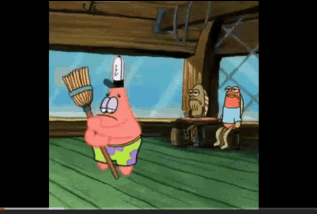 a cartoon of patrick holding a broom and a toothbrush