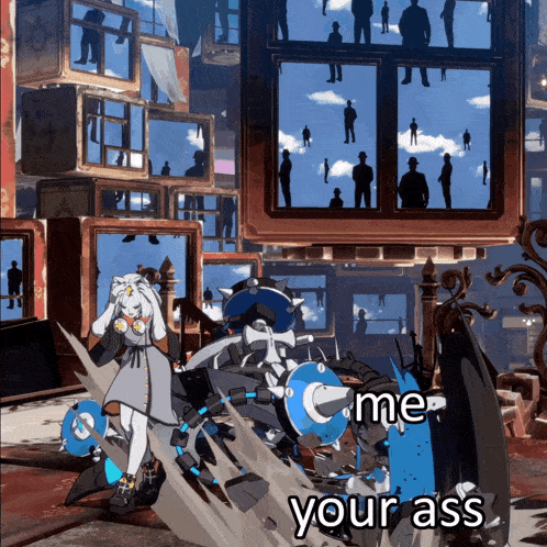 a video game character says me your ass in front of a crowd of people