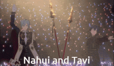 a couple of anime characters standing next to each other with the words " nahui and tavi " above them