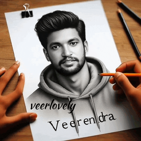 a black and white drawing of a man with the name veer lovely on it