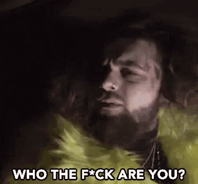 a man with a beard is wearing a yellow fur coat and says `` who the f * ck are you '' .
